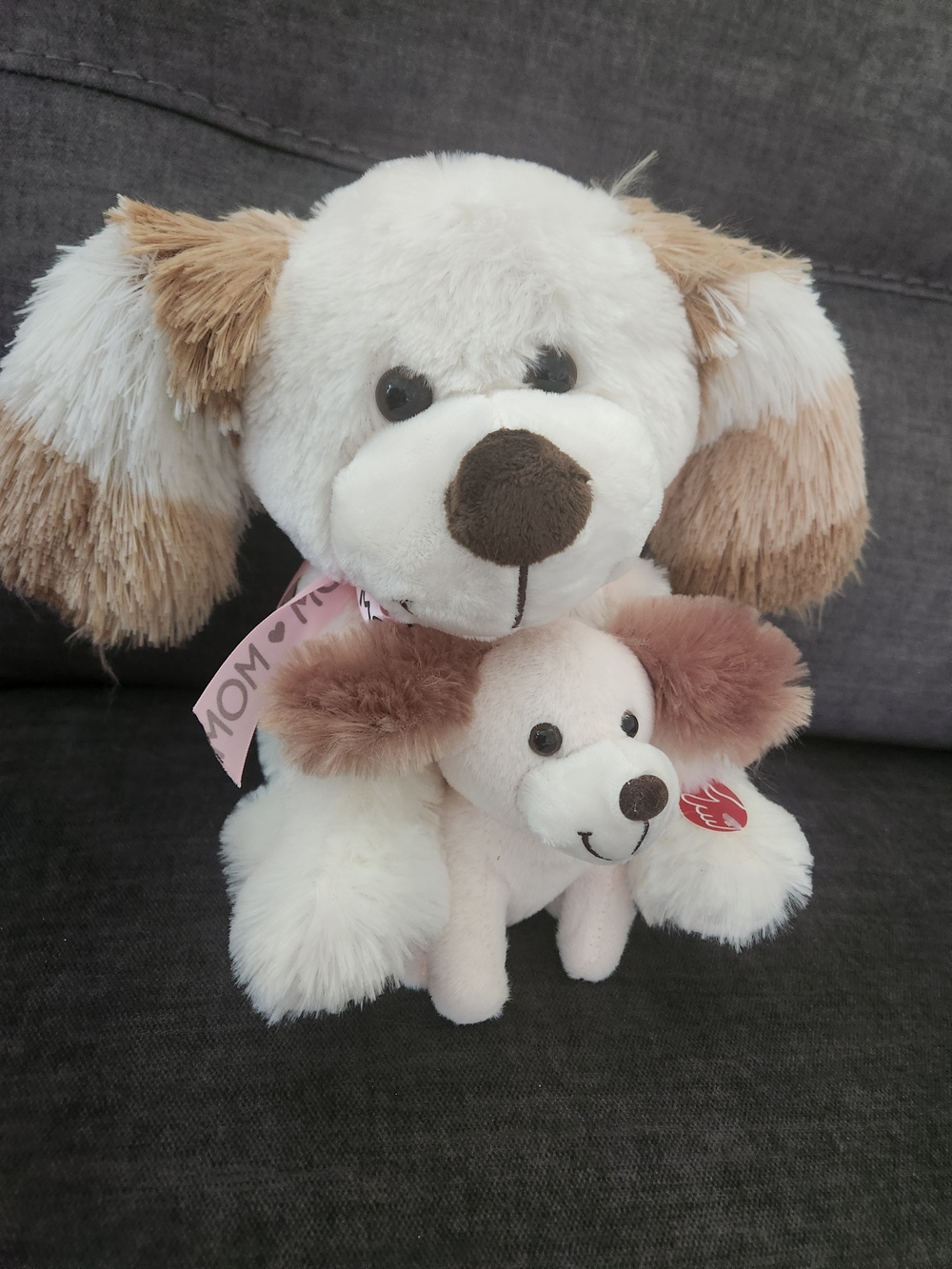 Gund Cream and Light Brown Plush Dog with Pink 'MOM' Ribbon